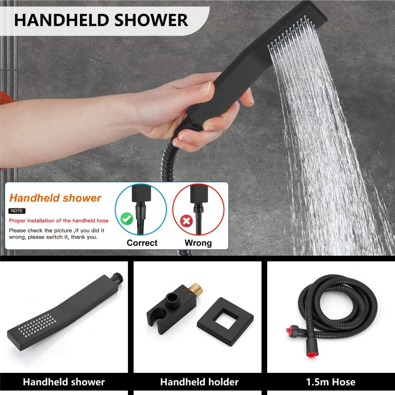Midanya Shower Faucet Set,Wall Mount Shower System with Square Rain Shower Head and Hand Sprayer, Rough-in Valve Body and Trim Kit Included,8 Inch,Matte Black - Image 5